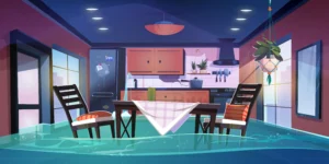 Flooded kitchen with water covering the floor around a table and chairs