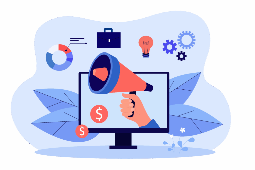 Business data analysis and hand holding megaphone