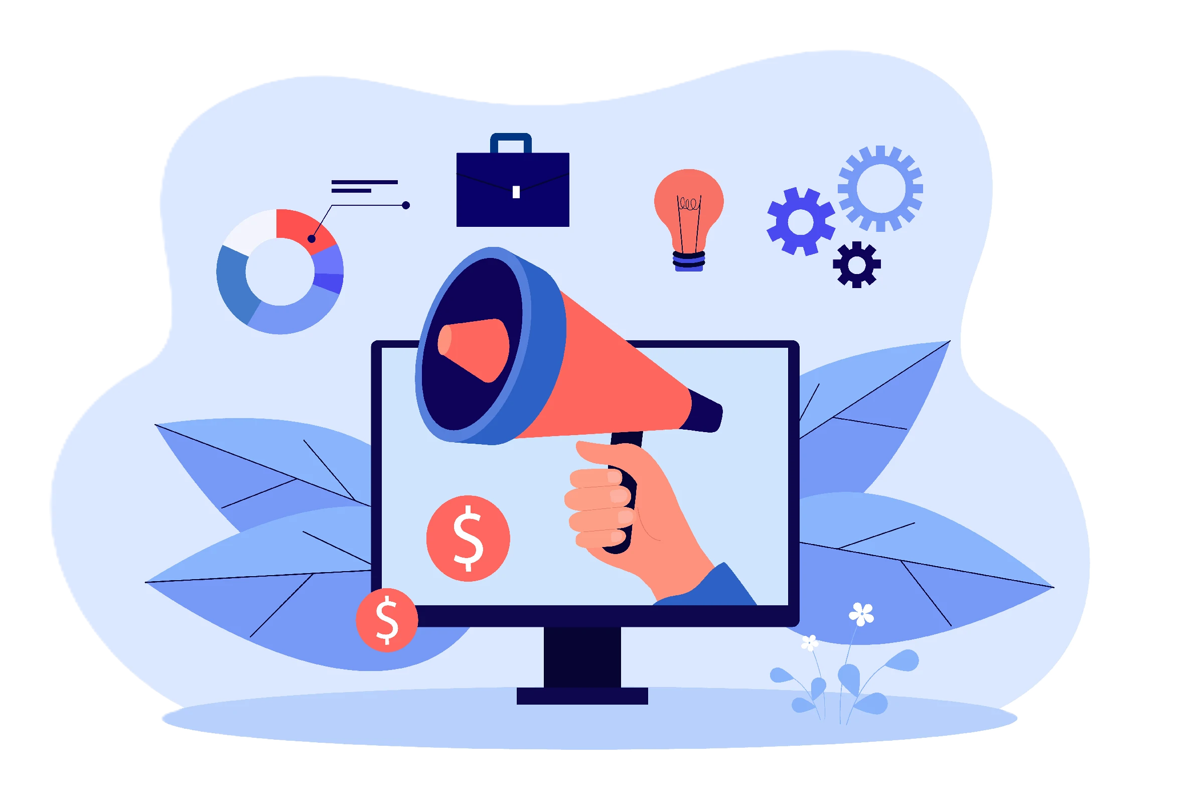 Business data analysis and hand holding megaphone